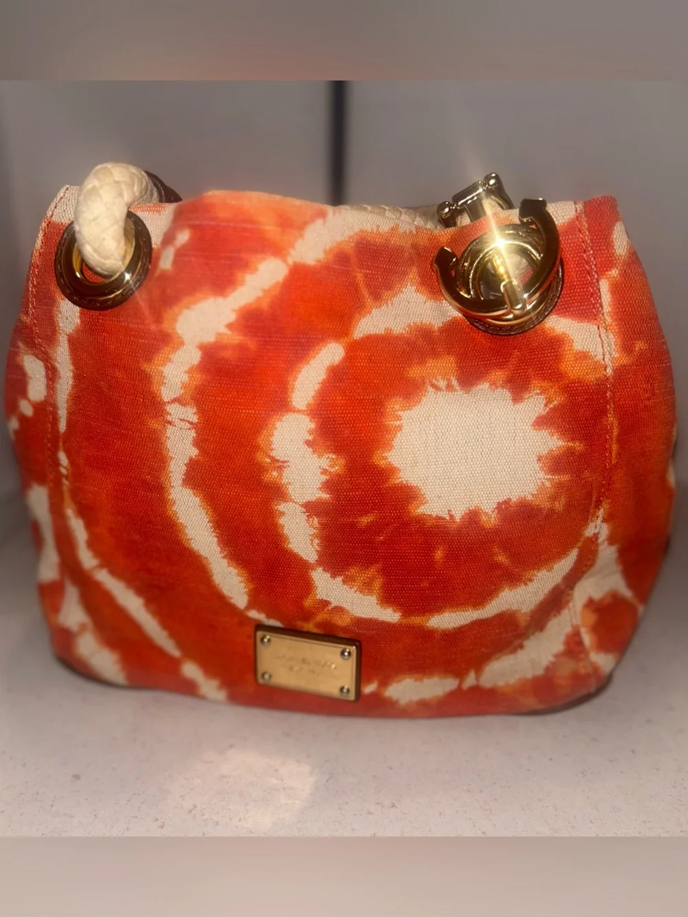 Michael Micheal Kors Red/Orange and Cream Tie-Dye Canvas Shoulder Bag